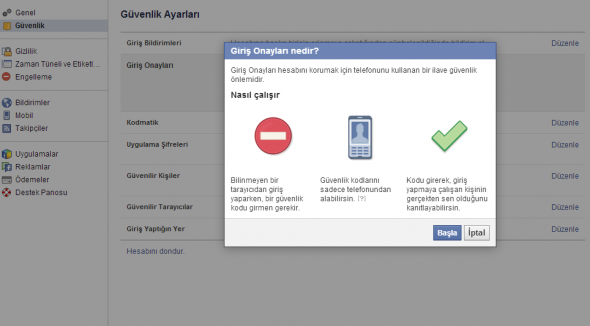 Facebook iki adımda doğrulama