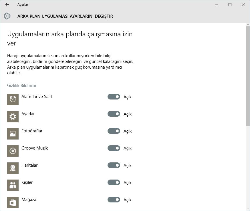 Arka plan uygulaması ayarı