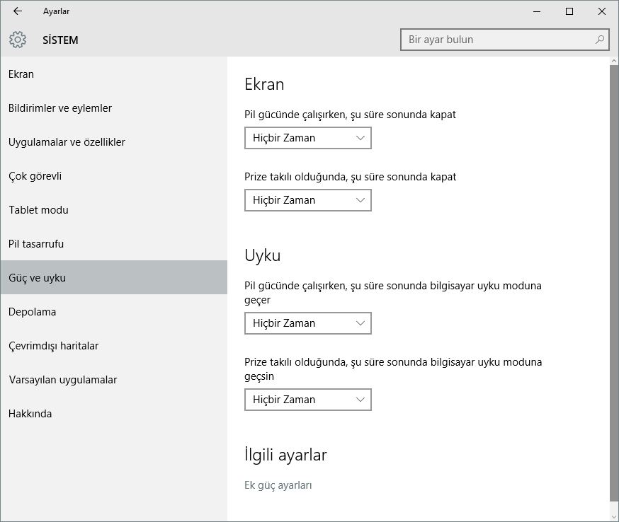 Güç ve Uyku ayarı